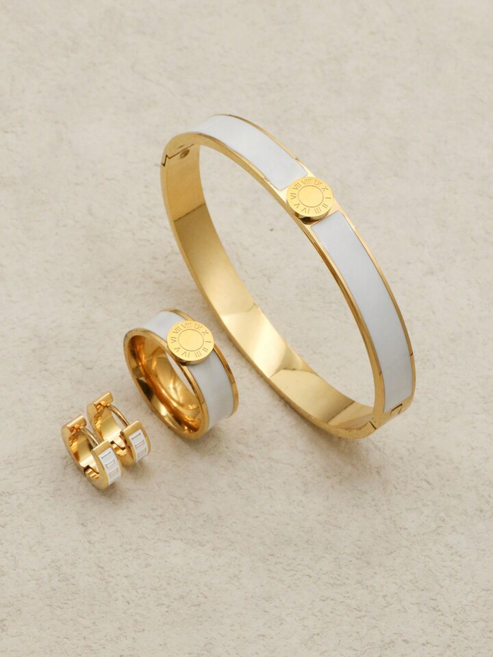 1Set/4Pcs Fashion Gold Color Round Stainless Steel Bracelet Earrings Ring Set Love Bangle Jewelry... | SHEIN