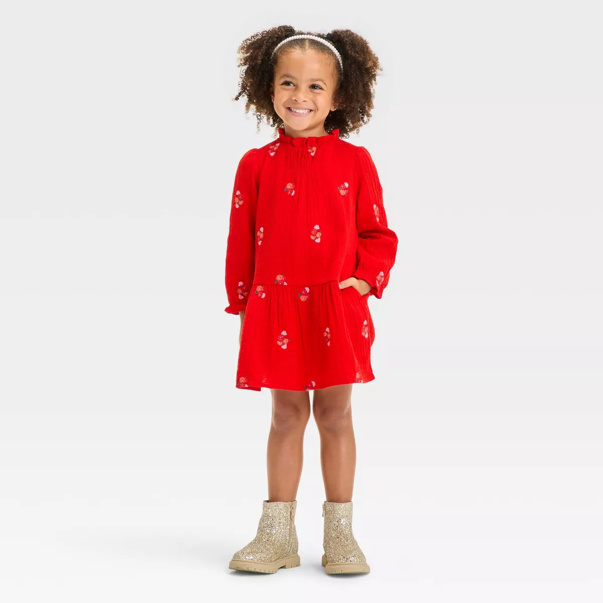 Toddler Girls' Long Sleeve Floral Embroidered Printed Dress - Cat & Jack™ Red 5T | Target