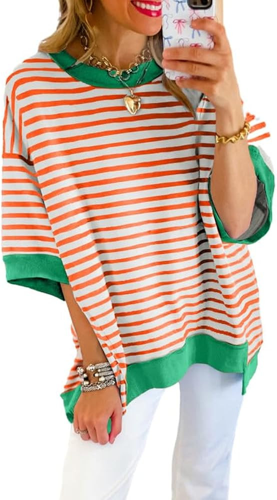 SHEWIN Womens Tops Casual Short Sleeve Sweatshirt Crewneck Striped Shirt Pullover T Shirts Loose ... | Amazon (US)