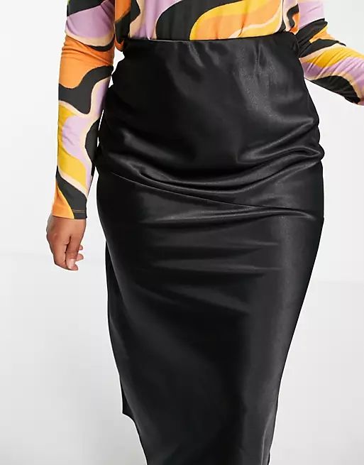 ASOS DESIGN Curve bias slip midi skirt in black satin | ASOS (Global)