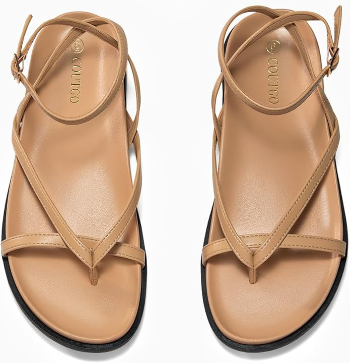 Coutgo Womens Strappy Flat Sandals Comfortable Flip Flop Footbed Sandals Ankle Strap Summer Beach... | Amazon (US)