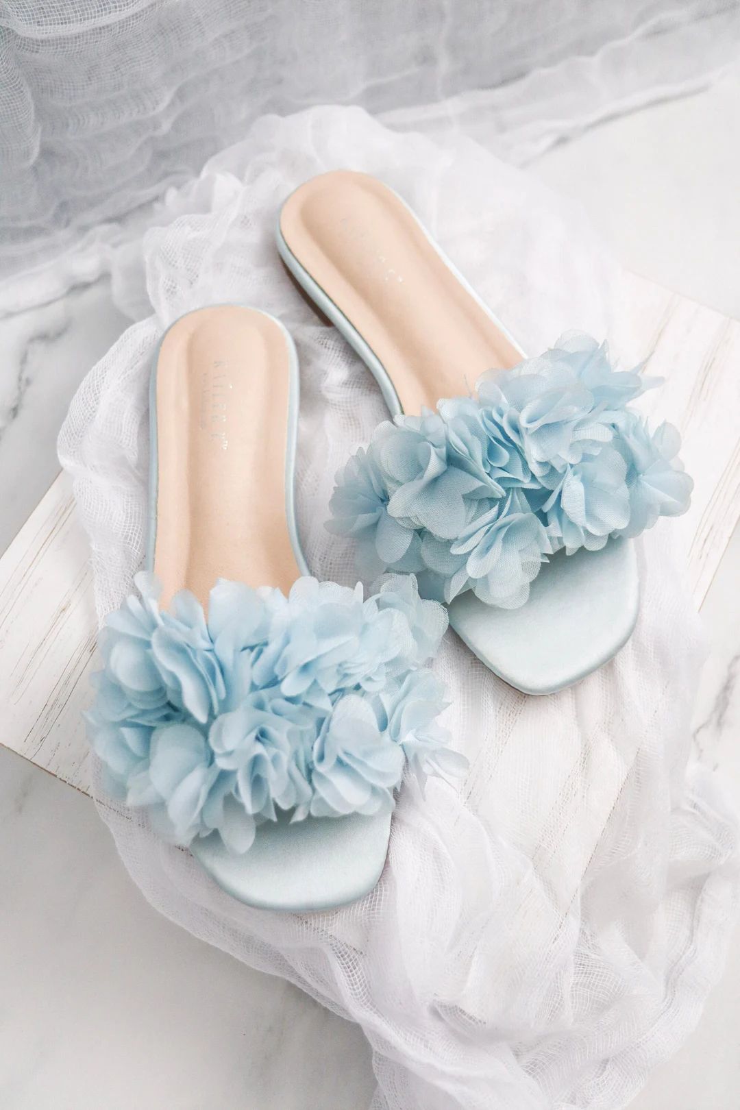 Light Blue Satin Slip on Sandals with Chiffon Flowers - Bridal Sandals, Bridesmaids Sandals, Wedd... | Etsy (US)