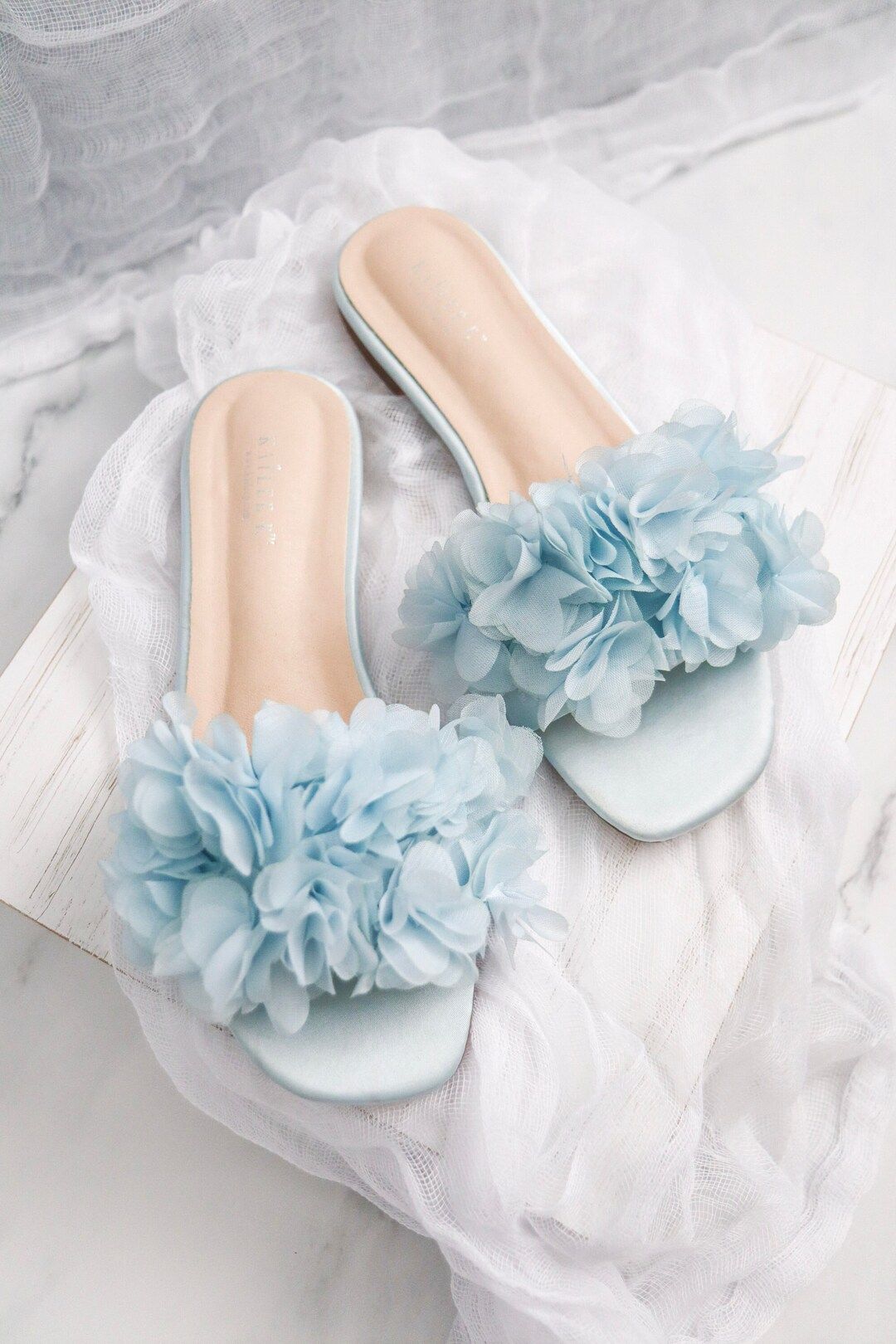 Light Blue Satin Slip on Sandals With Chiffon Flowers Bridal Sandals, Bridesmaids Sandals, Weddin... | Etsy (US)