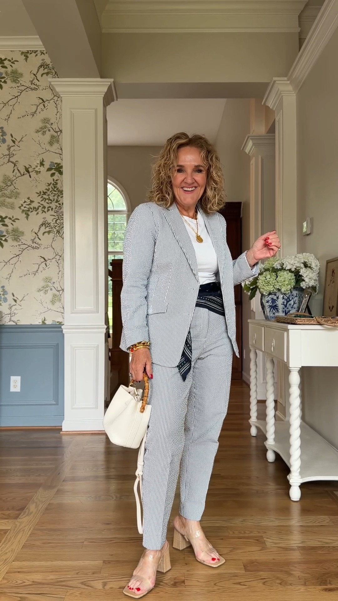 Blazer size 10 petite
Pants size 6 reg
Tee size large
Linking several options for oversized scarves to fit around your waist. Mine is a couple years old.

#LTKootd #LTKOver40 #LTKSaleAlert