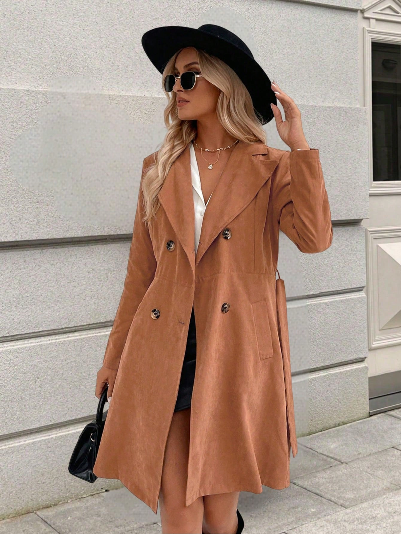 SHEIN LUNE Women's Casual Orange Double Breasted Belted Trench Coat, Autumn Fall Clothes | SHEIN