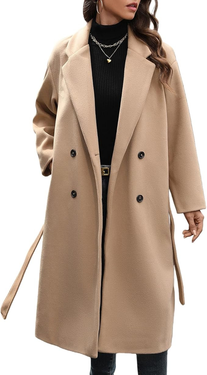 HOTIAN Women's Winter Wool Blend Coat Double Breasted Casual Notch Lapel Long Trench Overcoat Pea... | Amazon (US)