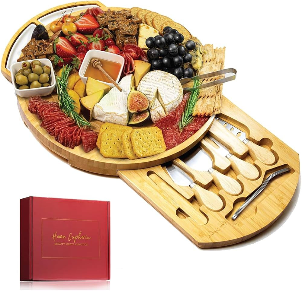 Round Cheese and Charcuterie Board Set - 13", Round Charcuterie Board, Bamboo Cheese Board and Kn... | Amazon (US)