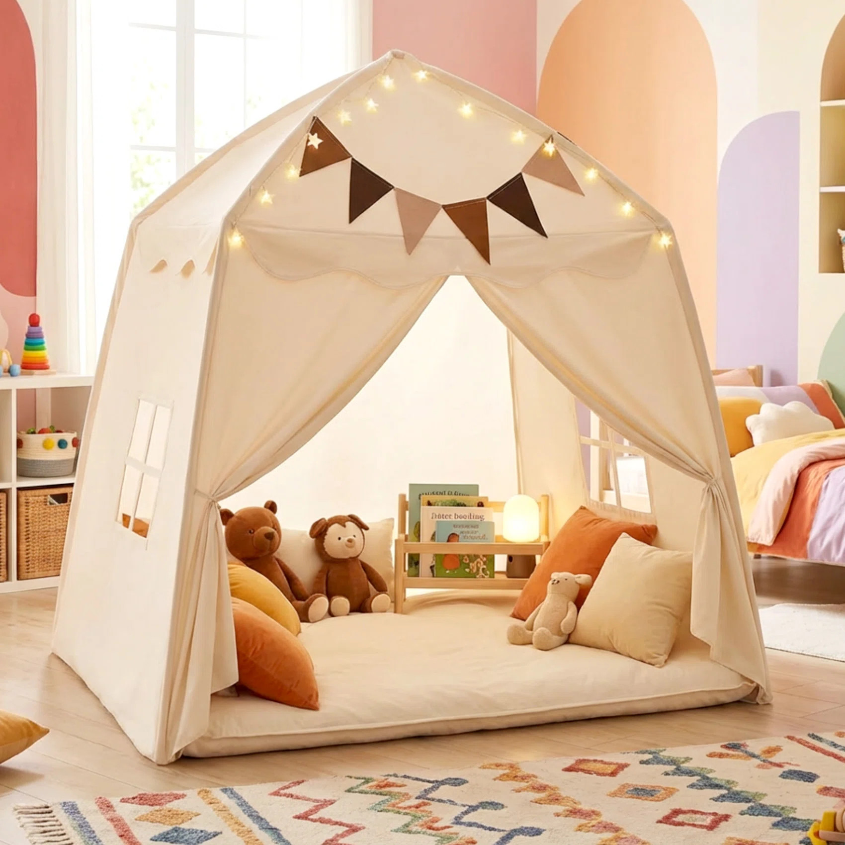 Extra Large Kids Indoor/Outdoor Dome Play Tent with Flags & Star Lights – Foldable Teepee Playh... | Wayfair North America