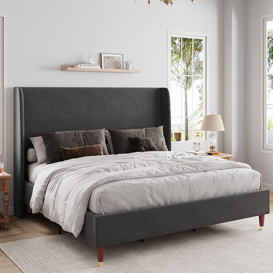 Jocisland Queen Size Bed Frame 51.2" High Linen Upholstered Platform Bed with Wingback Headboard/... | Amazon (US)