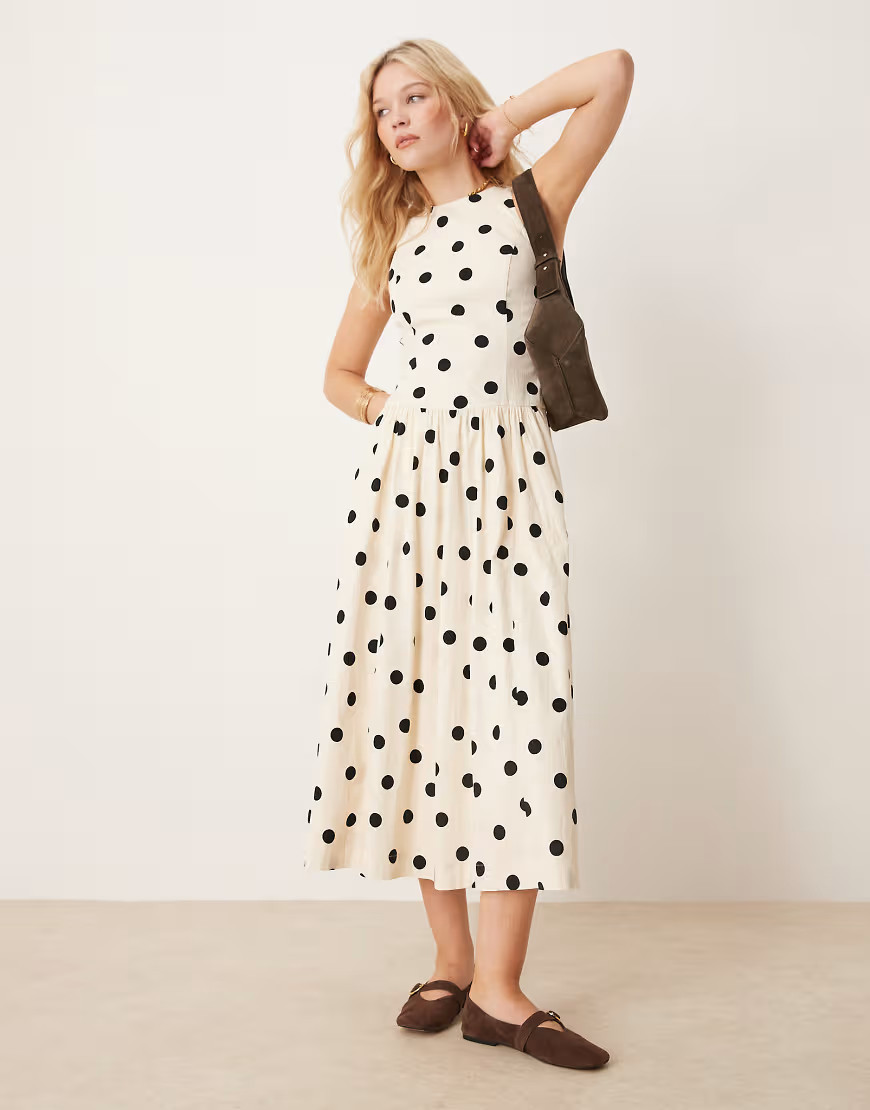 Abercrombie & Fitch high neck drop waist midi dress in black polkadot | ASOS (Global)