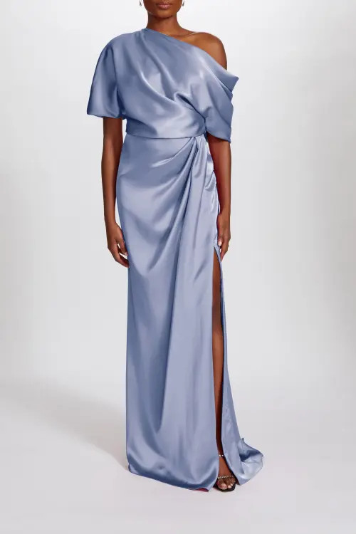 Amsale Fluid Satin Off-the-Shoulder Gown in Slate at Nordstrom, Size 2 | Nordstrom