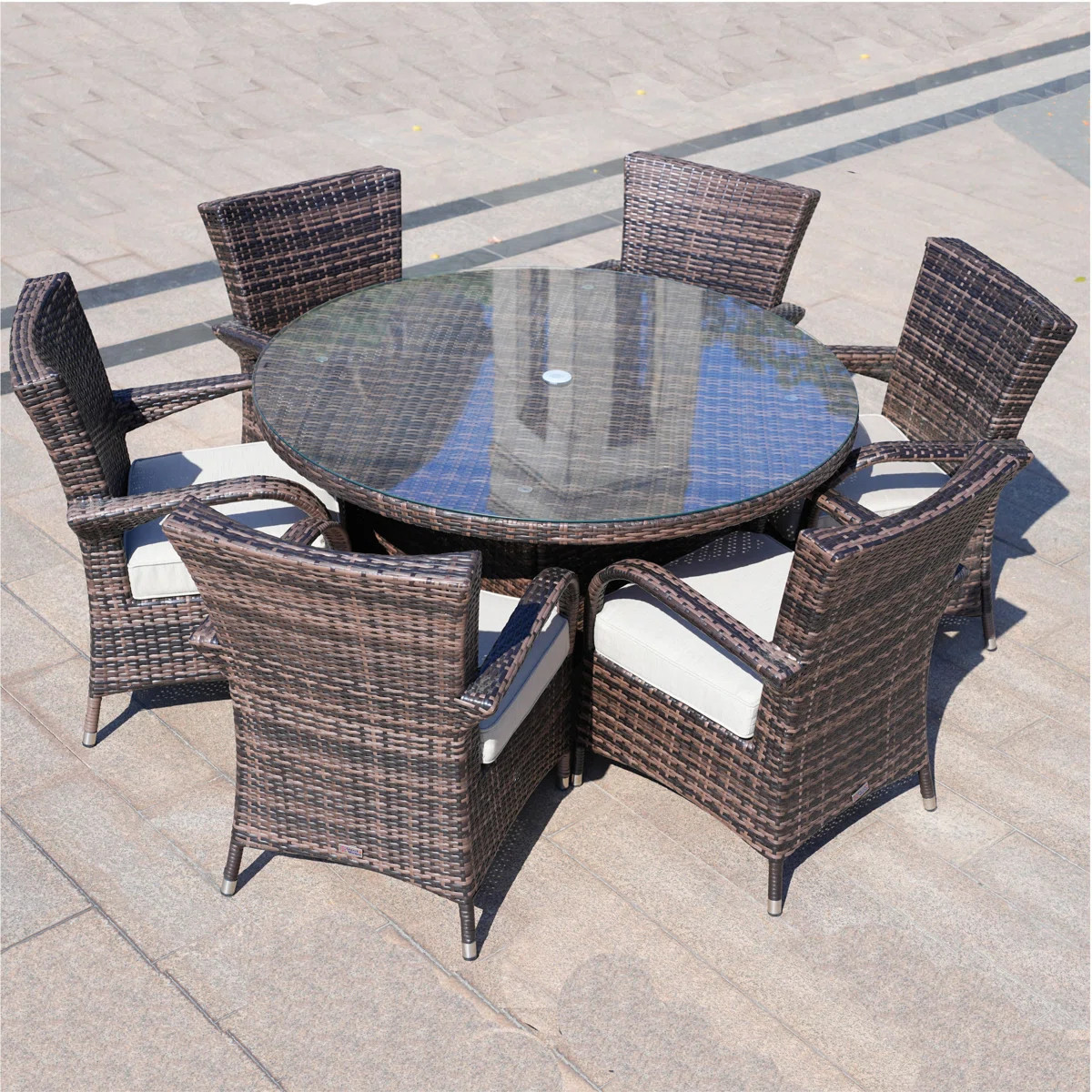 6 - Person Wicker Patio Dining Set with Round Table , Cushions Included | Wayfair North America