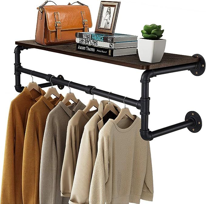 Greenstell Clothes Rack with Top Shelf, Industrial Pipe Wall Mounted Garment Rack, Space-Saving D... | Amazon (US)