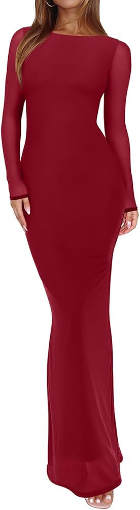 REORIA Women's Spring Mesh Sheer Long Sleeve Wedding Guest Dress Sexy Floral Bodycon Maxi Long Dr... | Amazon (US)