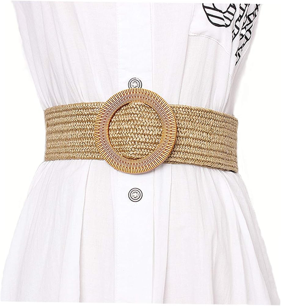 Women Skinny Dress Belt, Fashion Straw Woven Elastic Stretch Waist Band Wood Buckle Belt | Amazon (US)