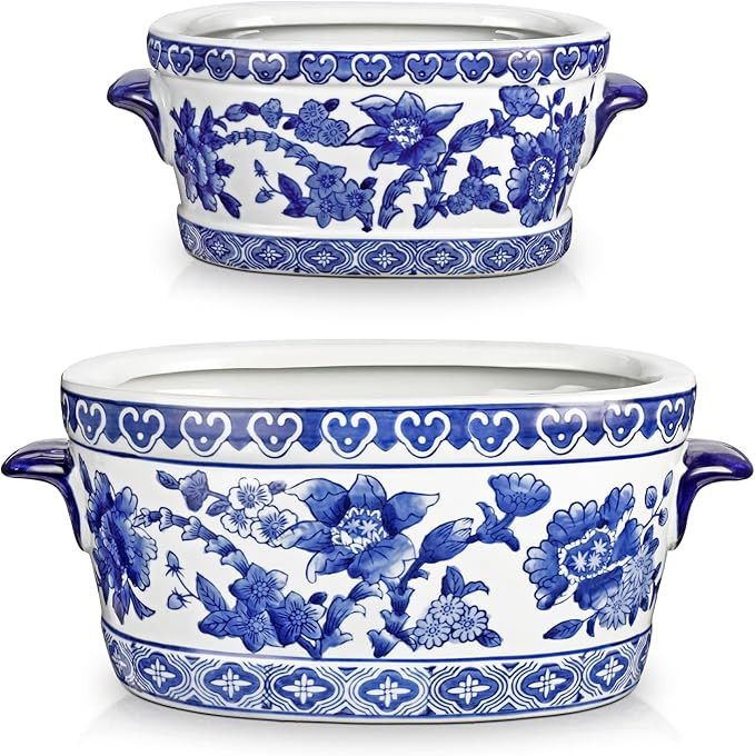 Blue and White Ceramic Planter Pot – Vintage Floral Oval Cachepot Vase for Indoor Plants, Flowe... | Amazon (US)