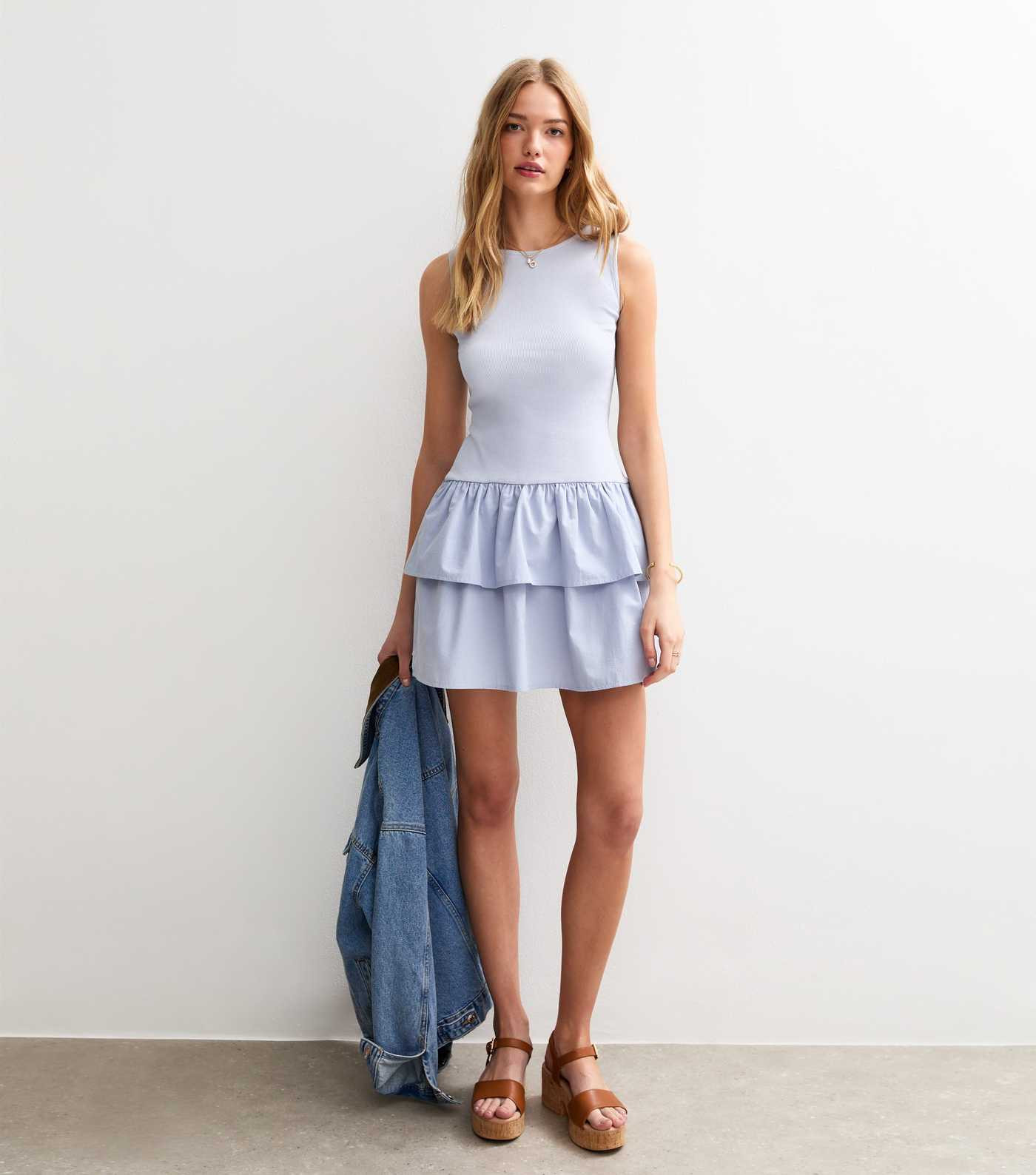 Light Blue Ribbed Jersey Poplin 2 In 1 Mini Dress | New Look | New Look (UK)