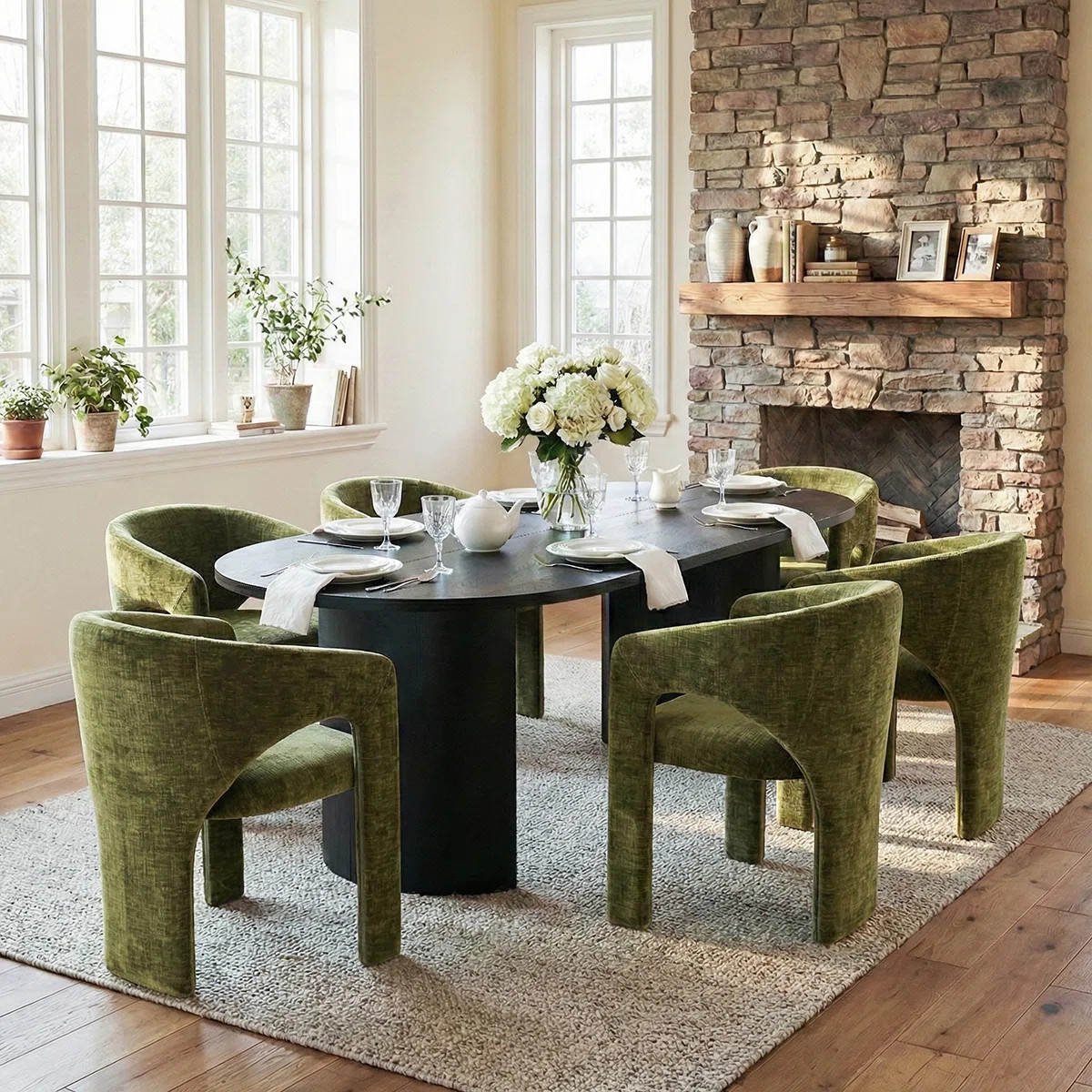 7 Piece Modern Dining Set With 79" Black Oval Pedestal Table & 6 Sculptural Wide-Seat Arm Chairs | Wayfair North America