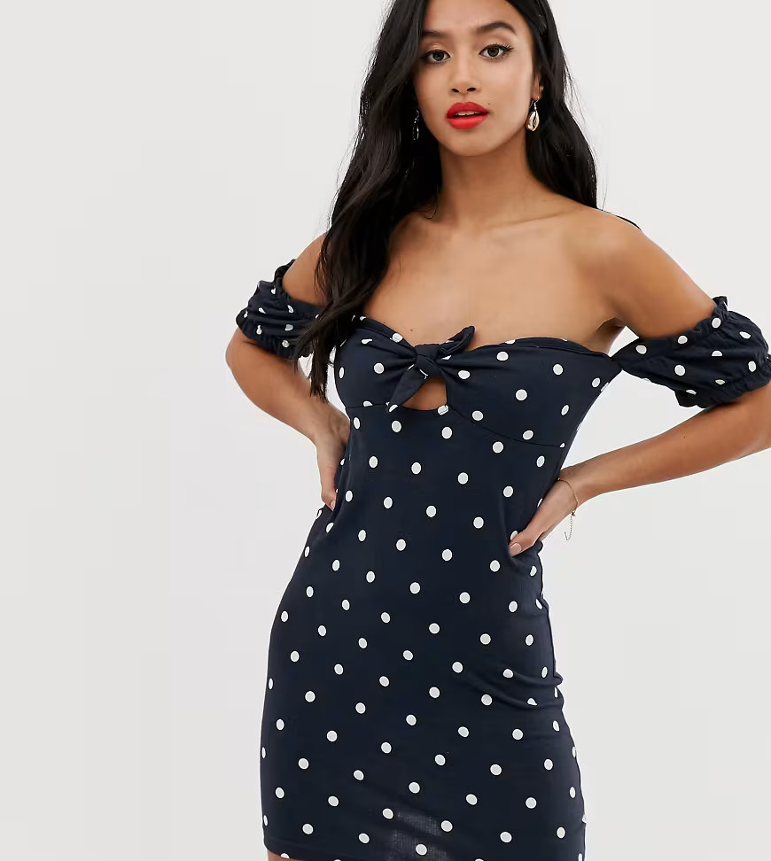 ASOS DESIGN Petite off shoulder crinkle sundress with puff sleeve in spot print-Multi | ASOS (Global)