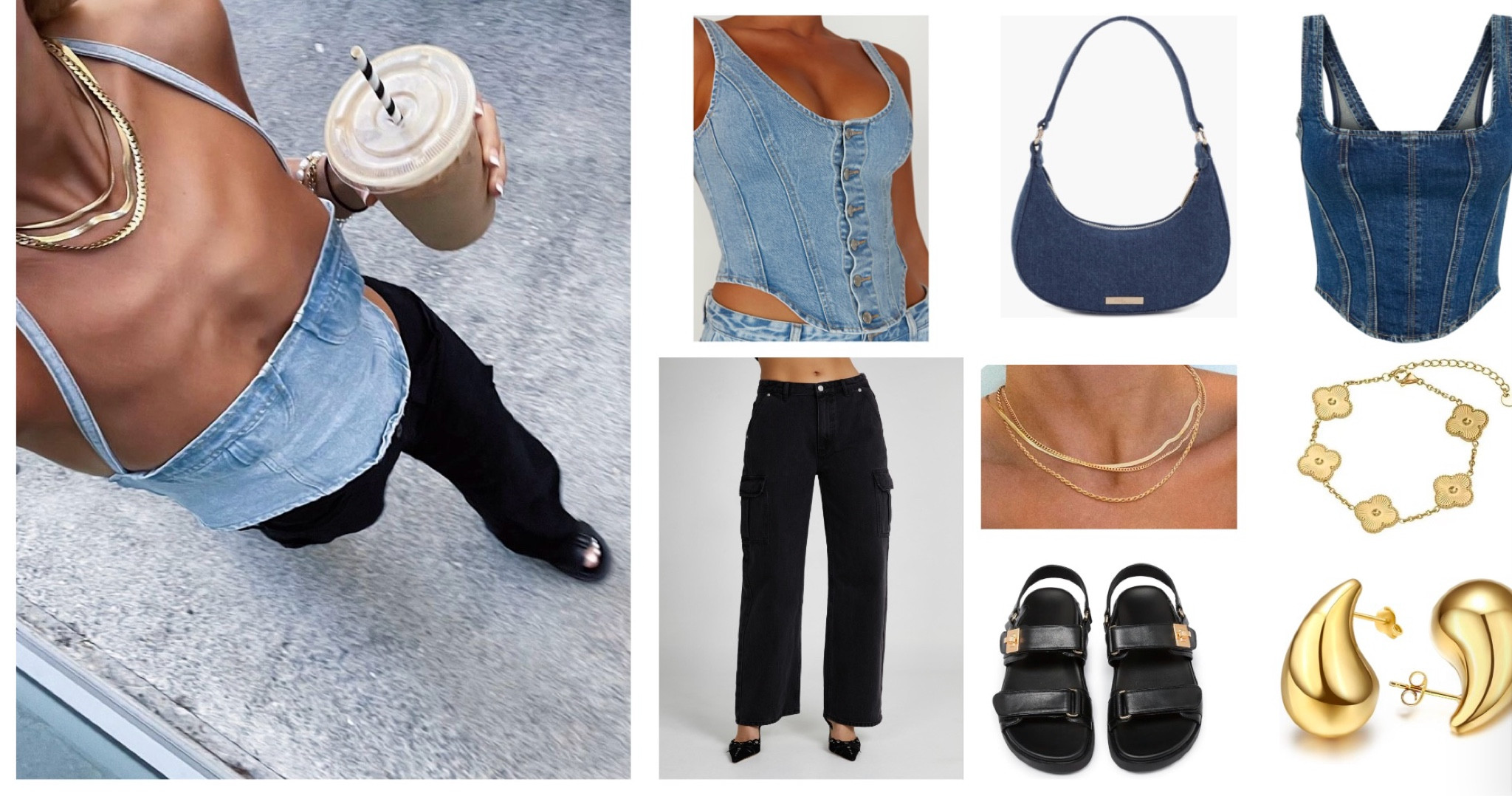 Cutest denim outfit! Denim vest paired with black denim pants paired with a denim purse and gold jewelry! 