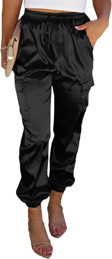 EVALESS Satin Joggers for Women Drawstring Elastic High Waist Straight Leg Cargo Pants Long Loung... | Amazon (US)