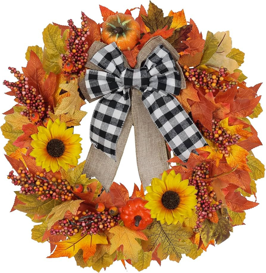 Fall Wreaths for Front Door, YEAHOME, 20" Fall Wreath with Maple Leaves Sunflowers Bowknot for Au... | Amazon (US)
