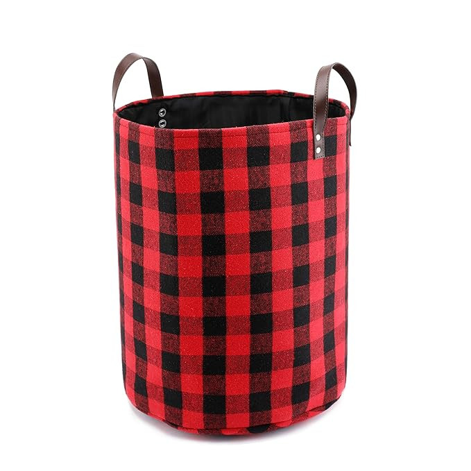 17.7" Large Collapsible Storage Basket with Leather Handles, Red Buffalo Plaid Woolen Fabric Fold... | Amazon (US)