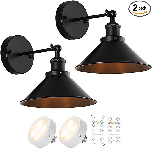 Bailoch Black Vintage Wireless Battery Operated Wall Sconces, Industrial Cordless Battery Powered... | Amazon (US)