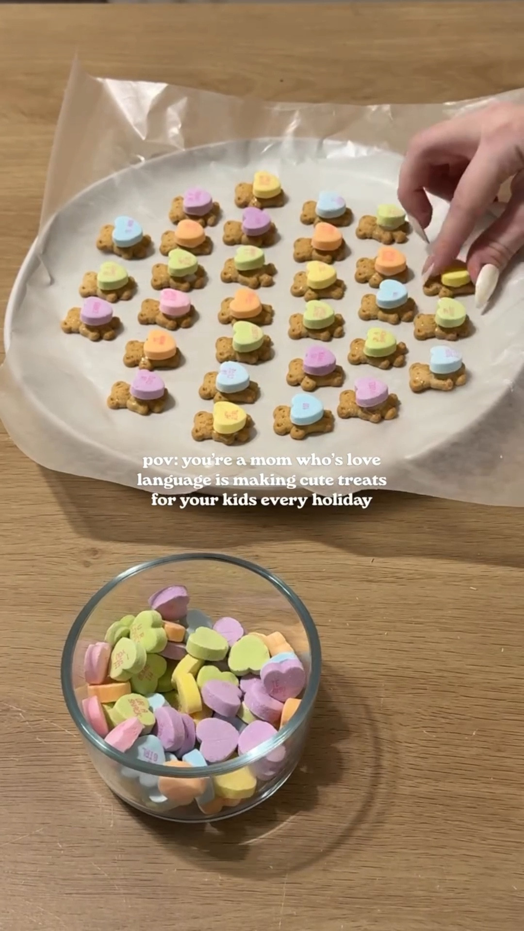 the cutest (and easiest) valentines day treat🧸💌 

valentine’s day is coming up fast and this is one of the cutest treats I’ve ever made for my kids. I made these last year and they were a total hit 🫶🏼

my love language as a mom is making holidays feel extra special in the smallest ways—cute snacks, cozy moments, and little traditions they’ll hopefully remember forever. and this one takes only takes a few minutes but looks like it’s straight off your pinterest board ✨

what you need:
teddy grahams
conversation hearts
greek yogurt (or icing)
parchment paper
syringe or toothpick
a plate

how to make them:
1️⃣ line a plate with parchment paper
2️⃣ place teddy grahams face-up with space for the hearts
3️⃣ add a tiny dot of greek yogurt to each bear
4️⃣ press a conversation heart on top
5️⃣ freeze for 15 minutes to set
6️⃣ store in an airtight container in the fridge until ready to serve

you can also use frosting or melted white chocolate if you want them sweeter 🤍 and letting your kids help makes it even more fun (and chaotic lol)

perfect for valentine’s day snacks, classroom parties, or a sweet surprise at home. if you make them, come back and tell me how yours turned out 🥹

#valentinesdaytreats #valentinessnacks #kidssnackideas #easyrecipes #momlife

#LTKmomlife #LTKfoodie #LTKSeasonal