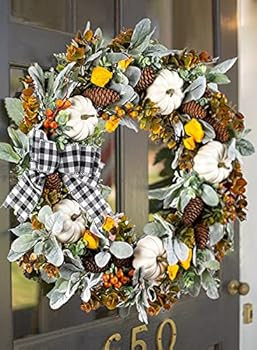 WANNA-CUL 24 inch Farmhouse Fall Wreath for Front Door with White Pumpkin,Cotton,Lamb's Ear and E... | Amazon (US)