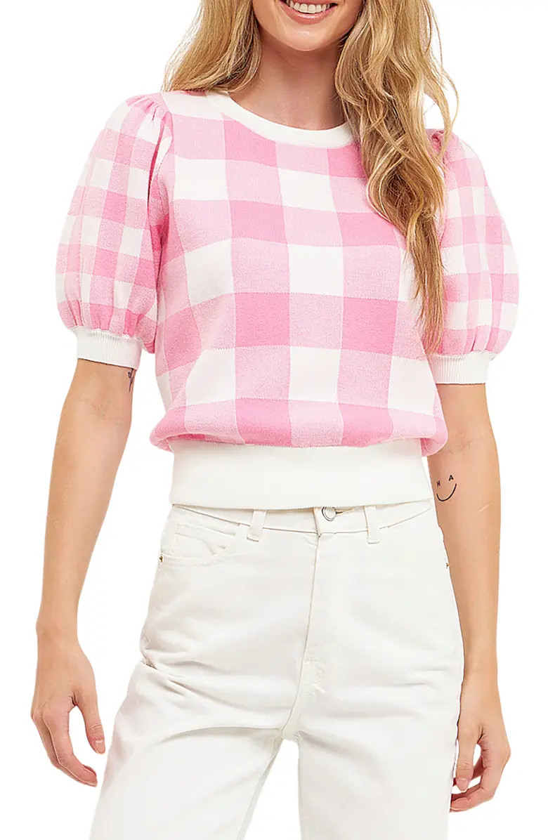 English Factory Gingham Puff Sleeve Sweater | Nordstrom | Nordstrom