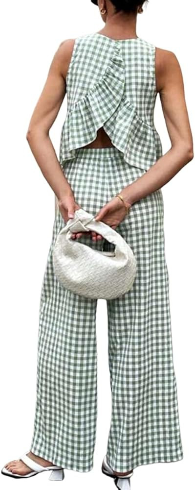 codcm Women's 2 Piece Gingham Set Summer Outfits Ruffle Tank Top and Wide Leg Pants Matching Loun... | Amazon (US)