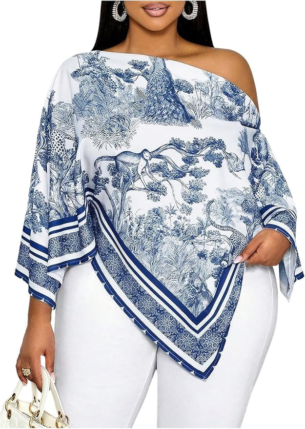 SweatyRocks Women's Plus Size Off Shoulder Asymmetric Blouse 3/4 Sleeve Printed Loose Vacation To... | Amazon (US)
