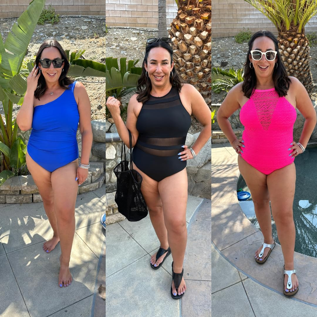 Need a bathing suit that will cover your 🍑, but tired of boring swimsuits or wild prints??? Here are some full coverage swimsuits you’ll love! I'm a size 14/XL here. I'm wearing a size 16 in the blue swimsuit and an XL in the pink and black swimsuits 

 #LTKSummerEdit #LTKOver40 #LTKMidsize