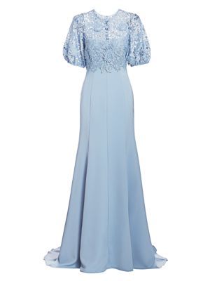 Floral Laser Cut Puff-Sleeve Gown | Saks Fifth Avenue