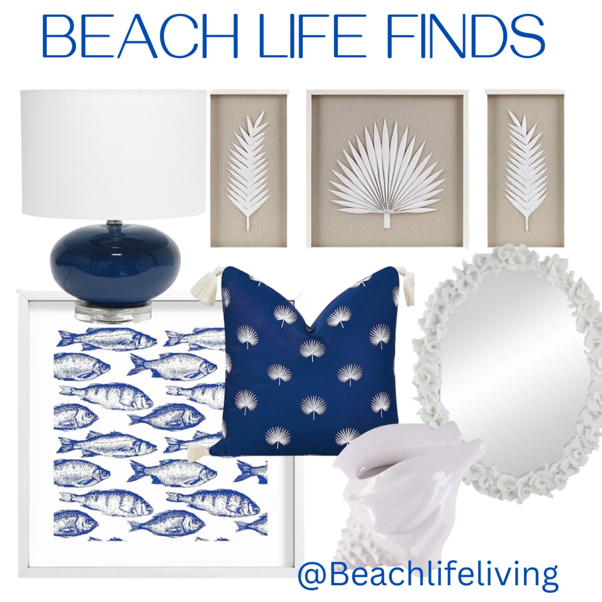 Beach Life Finds 
Navy fish wall art
Shell mirror
Navy throw pillow
Navy table lamp 
Coastal Wall Art 

#LTKFind #LTKxPrimeDay #LTKhome