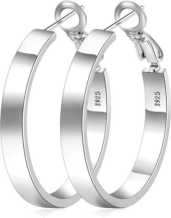 EXGOX 4MM Wide Silver Hoop Earrings for Women Sterling Silver Large Hoop Earrings 14K Real Gold P... | Amazon (US)