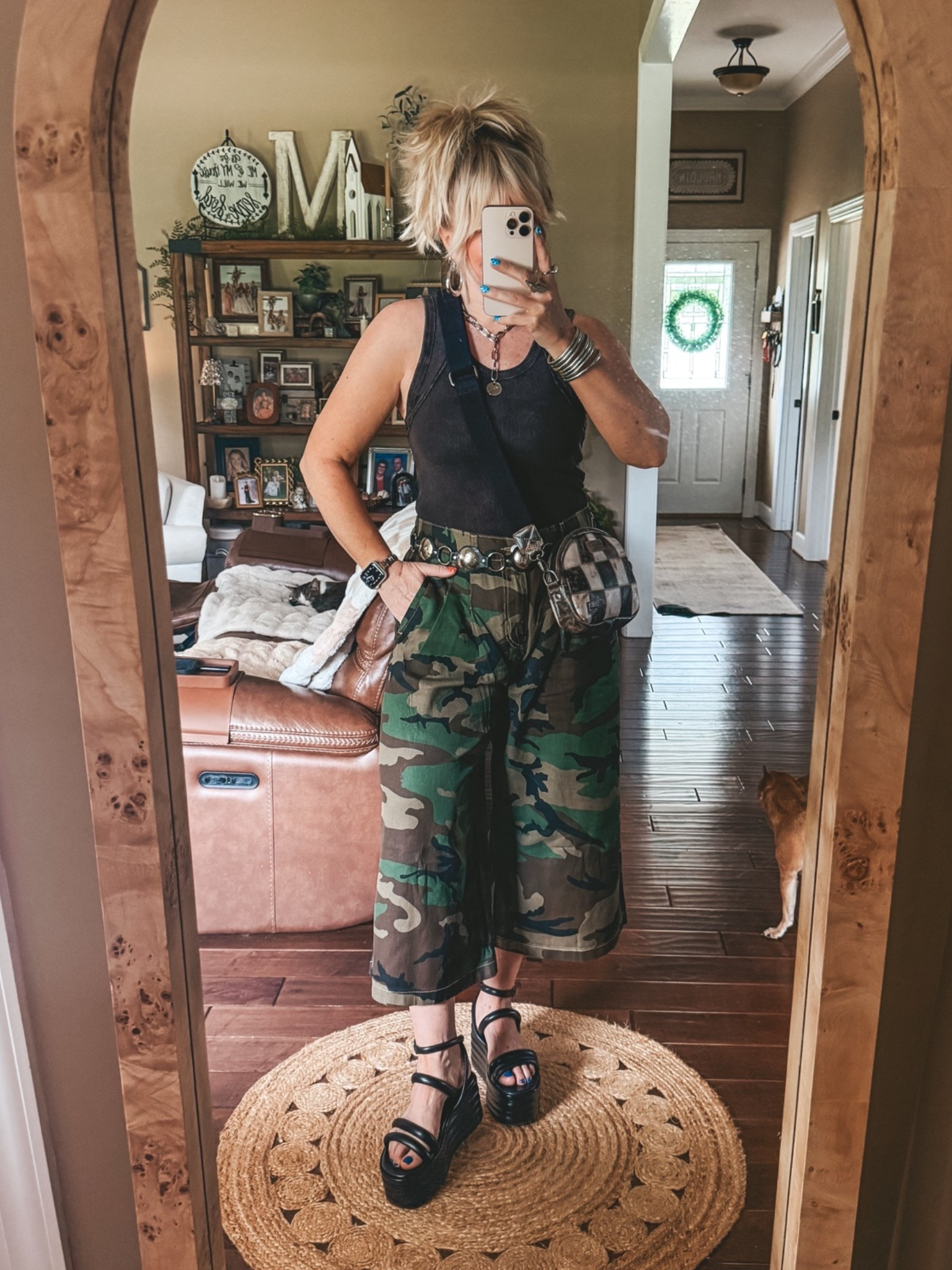 I know these pants are for everybody but I sure do love them! 
•I’m wearing a L in pants 
•Tank is a medium but I needed a small 
•Belt one size 
•Sandals true to size 
🩶Save with code MANDIE @shopbeljoy 
✨My necklace is @twistedsilver save with code MANDIE20 
🏁My checkered bag link is from @shopeverydaychic here’s link to save a little money 💰 https://liketk.it/6ivIn