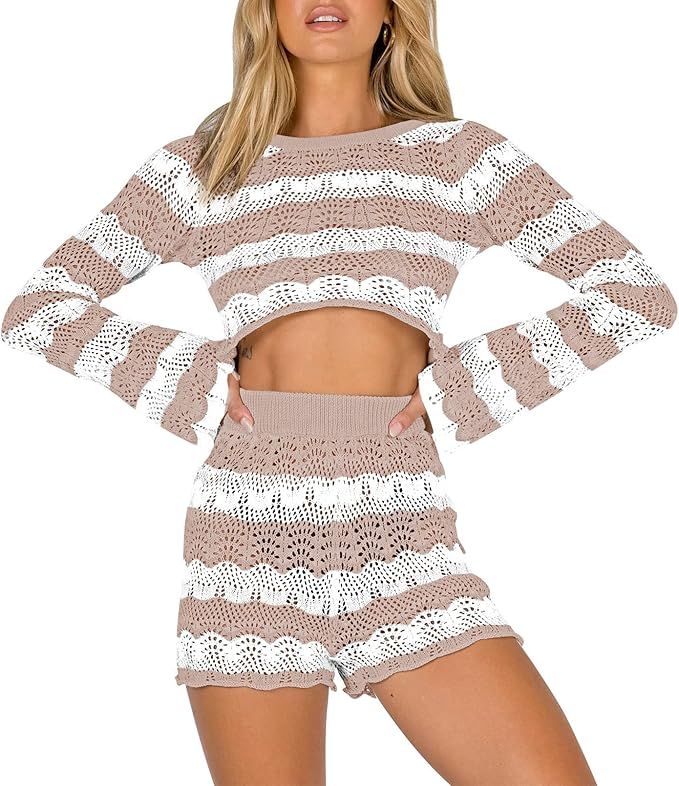 VamJump Women 2 Piece Hollow Out Knit Lounge Sets Long Sleeve Crop Top and High Waist Shorts Trac... | Amazon (US)