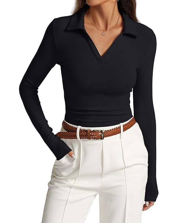 Prettywear Womens Long Sleeve Polo Shirts Collared V Neck Slim Fitted Business Casual Tops Basic ... | Amazon (US)