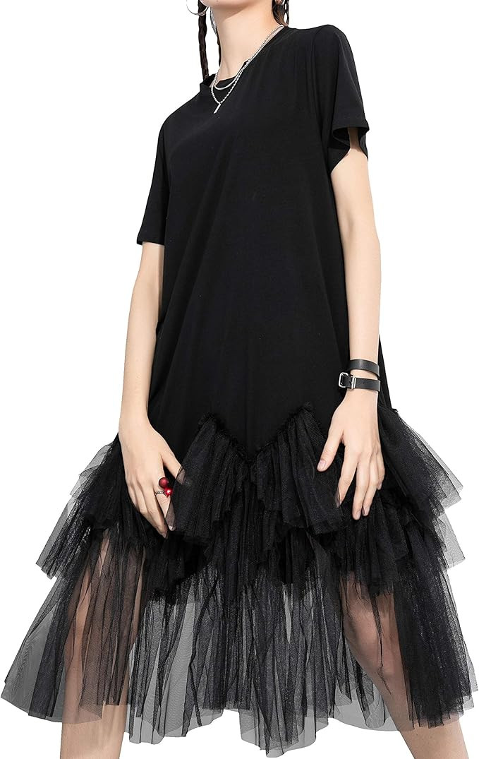 ellazhu Women's Casual Short Sleeve Crew Neck Tutu Tulle Dress with an Oversized Fit GY2266 | Amazon (US)