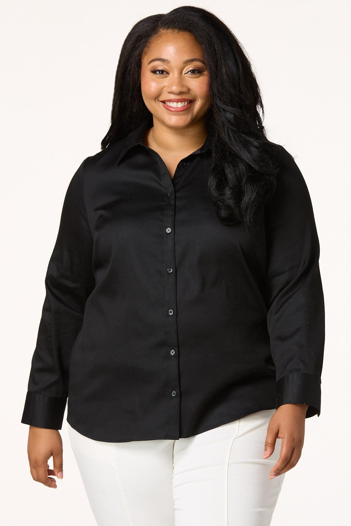 Plus Size Solid Sateen Button Down Shirt | Cato Fashions