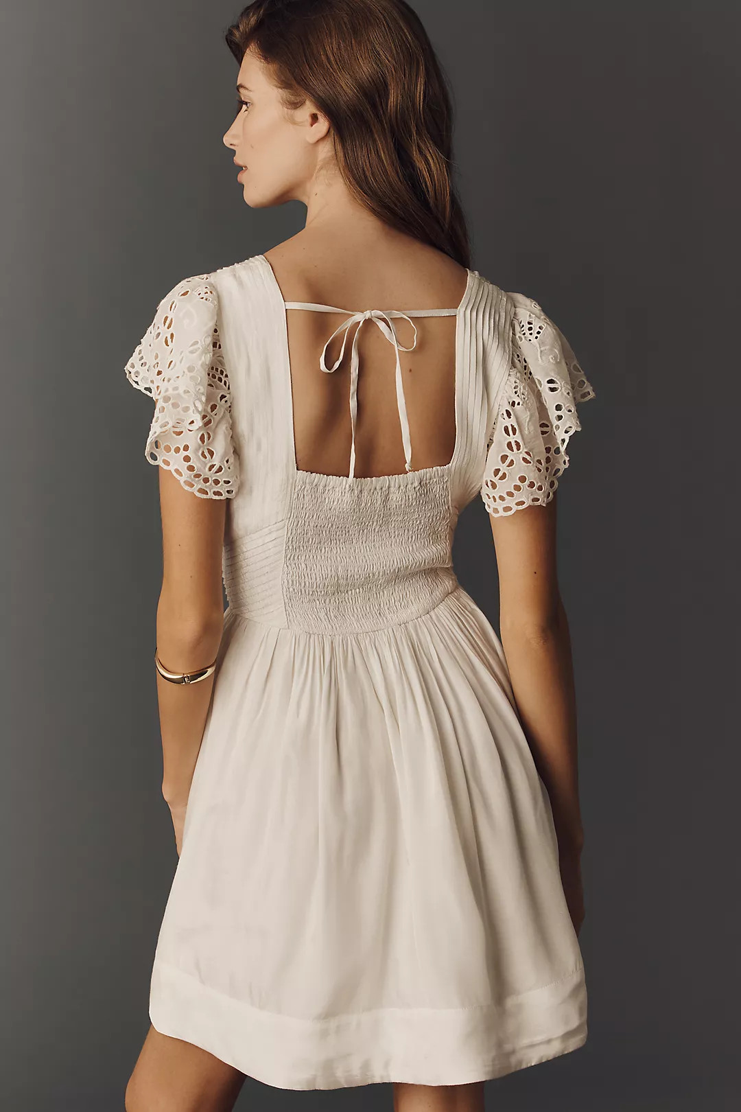 By Anthropologie Eyelet Flutter-Sleeve V-Neck Mini Dress | Anthropologie (US)