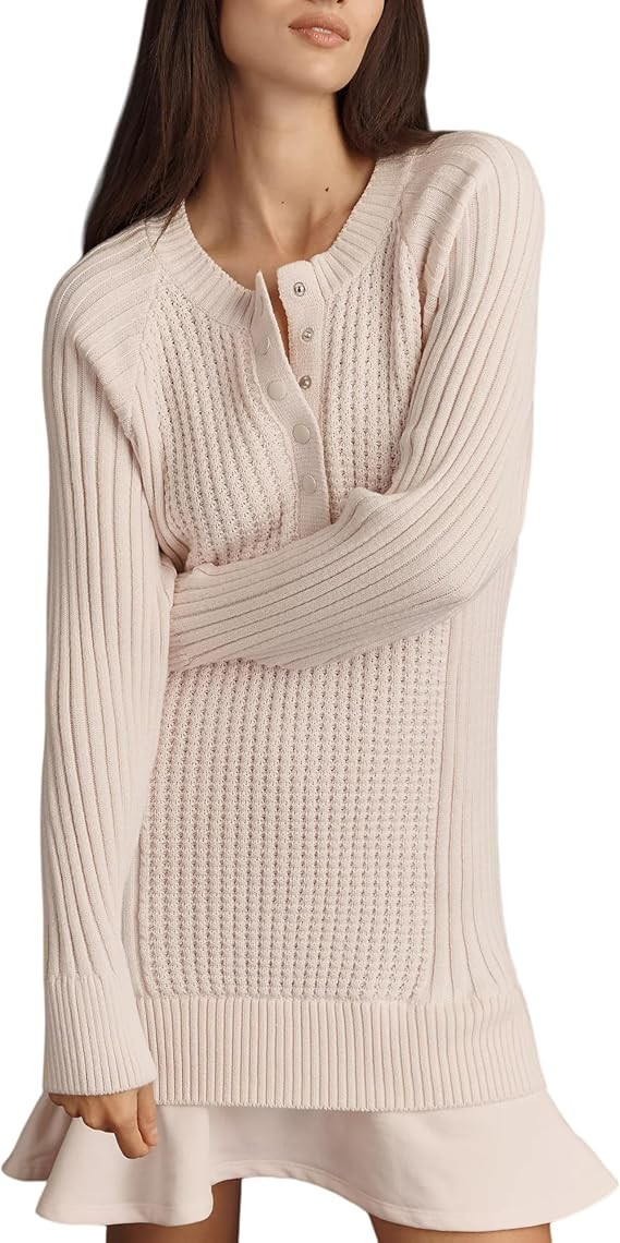 STURWBEZ Women Waffle Knit Sweater Dress Button Crewneck Long Sleeve Flared Hem Mini Dress Twofer... | Amazon (US)