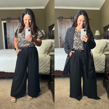 The cutest fall floral flutter sleeve top and wide leg pants workwear outfit to wear now and in the fall. The top and trench coat are both from Walmart. Teacher outfit. Summer to fall transitional outfit.

#LTKworkwear #LTKSeasonal #LTKunder50