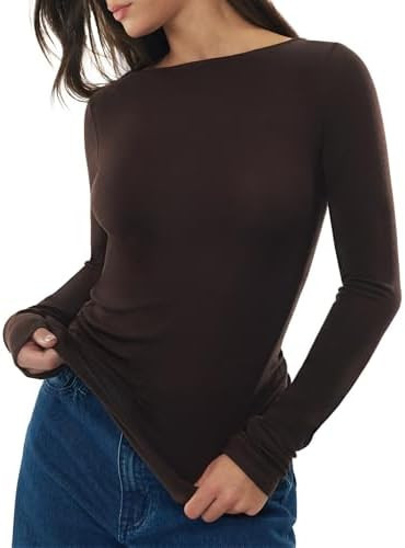 Women's Merino Wool Blend Shirts Boat Neck Long Sleeve Tops Fitted Basic Tee Cozy Embrace Collect... | Amazon (US)