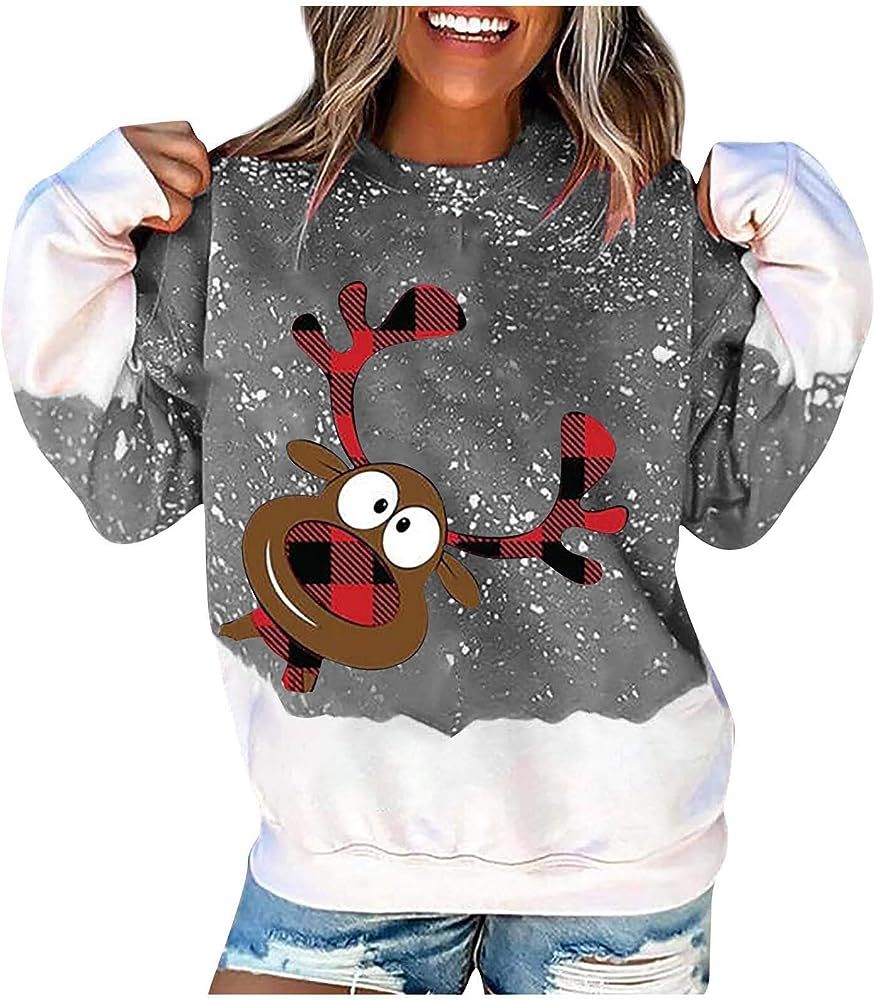 Sweatshirt for Womens Cute Elk Print Loose Top Christmas Casual Plus Size Sweater O Neck Long Sle... | Amazon (US)