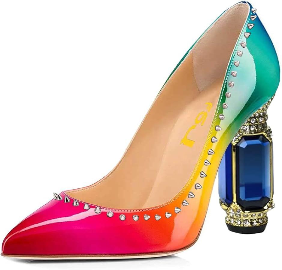 FSJ Women Bridal Pointed Toe Chunky Block High Heel Crystal Pumps Slip on Wedding Thick Comfort E... | Amazon (US)