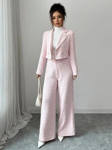 Modelyn Women's Tweed Knit Cardigan And Straight Leg Pants 2 Pieces Set, Pink | SHEIN