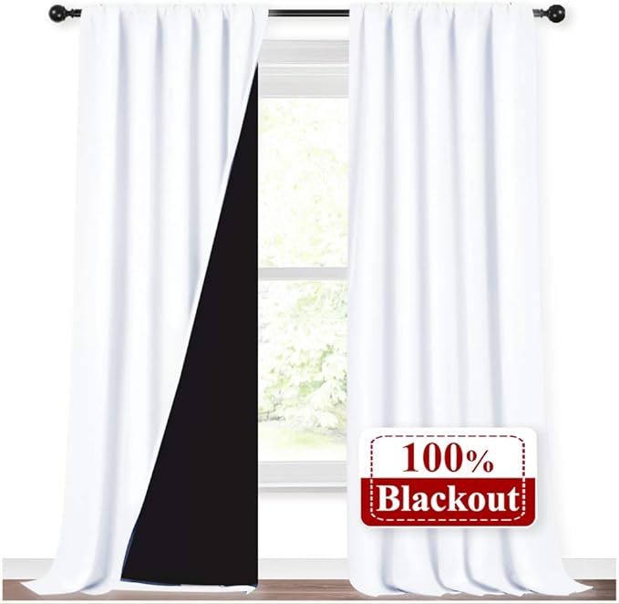 NICETOWN White 100% Truly Blackout Curtains, Rod Pocket Super Heavy-Duty Black Lined Total Darkne... | Amazon (US)